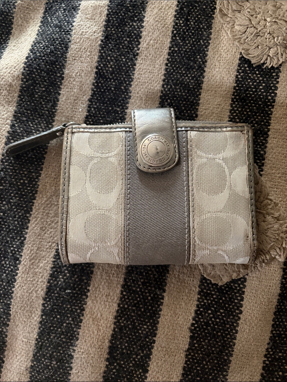 Vintage Coach Gray Signature Small Zip Card Holder with Silver Trim Y2K 2004